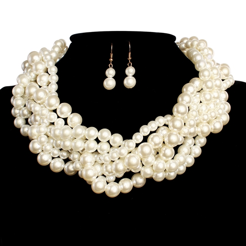 Twist Gold Chain Cream Pearl Necklace Set + Earrings